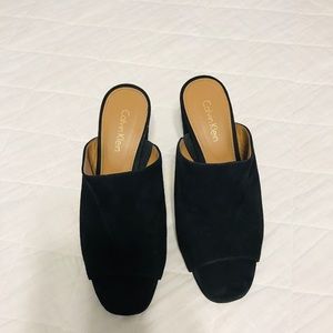 CK  black suede mule w/gold accent rivets in back